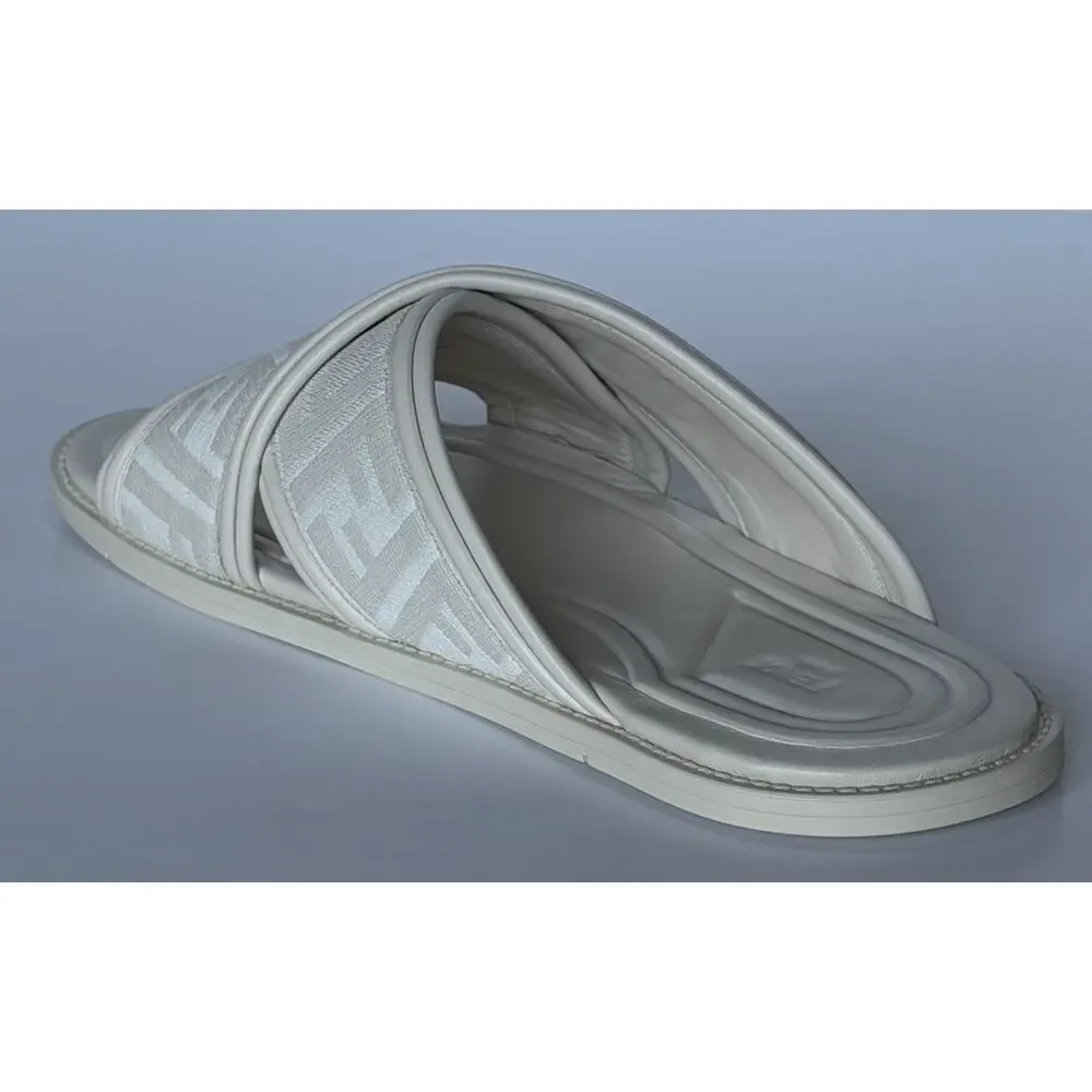 Fendi Men's FF Leather/Fabric Ivory Slide Sandals 8 US/7 UK IT 7X1548 NIB $730